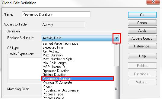 Select the dropdown beside Replace Values in and