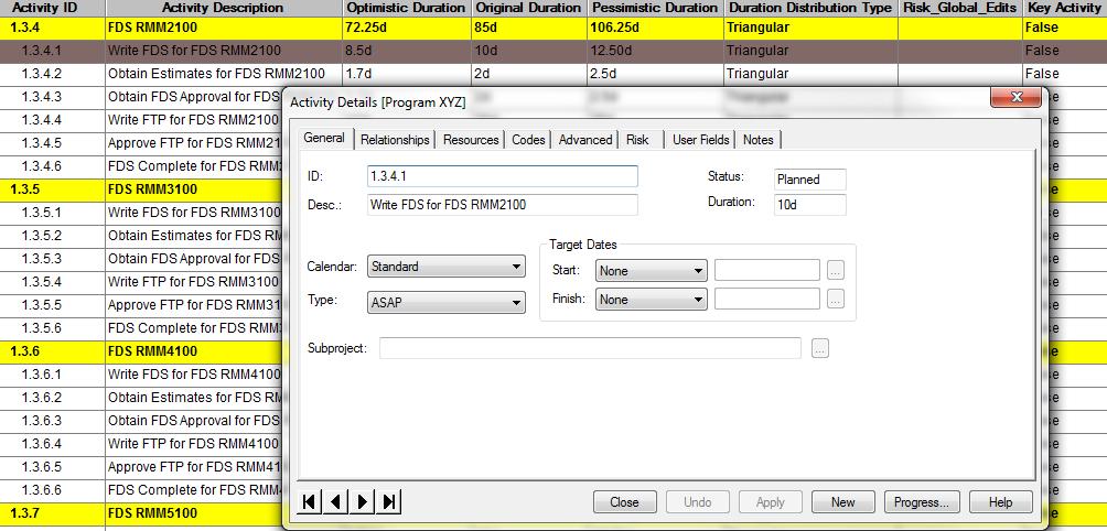 Activity Details Dialog Box Risk information may also be viewed and edited using the Risk tab of the Activity Details dialog box. 1.