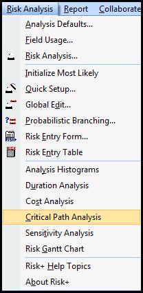 Critical Path Analysis (Criticality Indicator) To view the Critical Path Analysis results, select Critical Path Analysis from the Risk Analysis menu.