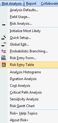 Open Risk+ Entry View and Save File Open the table used to assign the risk parameters by selecting Risk Entry Table from the Risk Analysis menu.