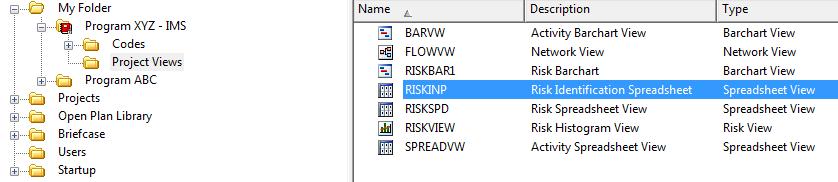 Spreadsheet for entering risk parameters. 1. Select Project Views under the SRA project folder.