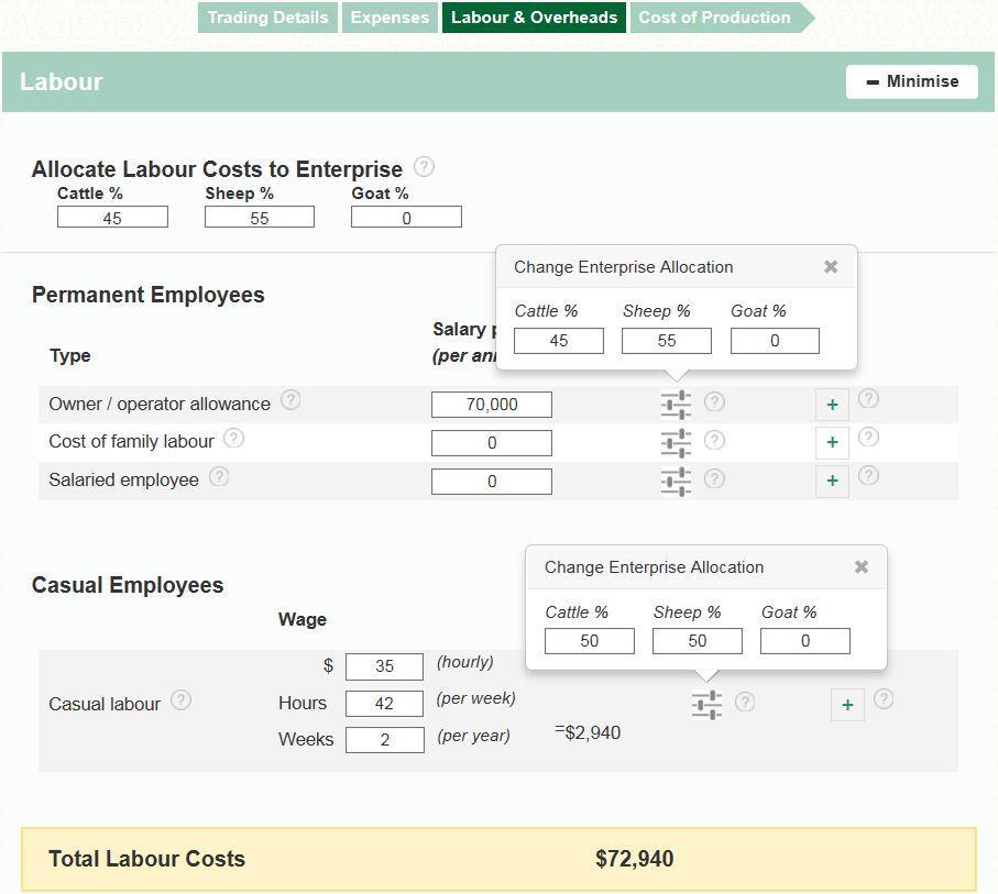 Figure 6: Example of how to allocate prime lamb labour expenses Overheads When in the Labour and overheads tab, users need to click Expand on the Overheads section to enter the business overhead