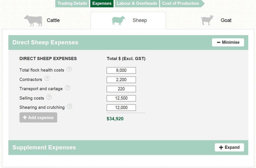 Expenses Direct sheep expenses When in the Expenses tab, users with multiple livestock enterprises will need to navigate their way to the Sheep section.
