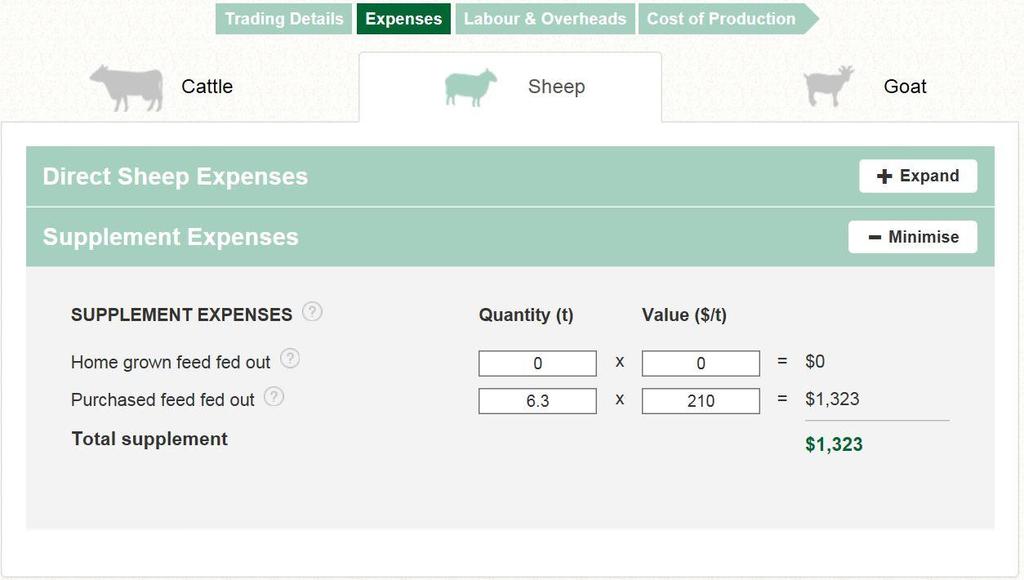 Supplement expenses When in the Expenses tab, users need to click Expand on the Supplement expenses section to enter the cost of any supplements fed to the prime lamb flock.