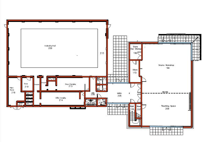 The building also contains the swimming pool and changing facilities as shown in the floor plan.