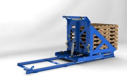 Once the seventh pallet is loaded, the operator grasps the handle, gives a slight twist to release a latch and gently pulls to begin the rotation of the carriage.