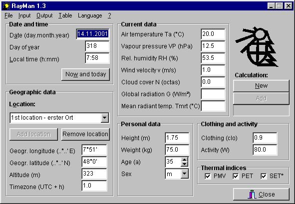 sky view factors. The amount of clouds covering the sky can be included by free drawing while their impact on the radiation fluxes can be estimated (Matzarakis 2001). Fig. 2 Input window of RayMan 1.