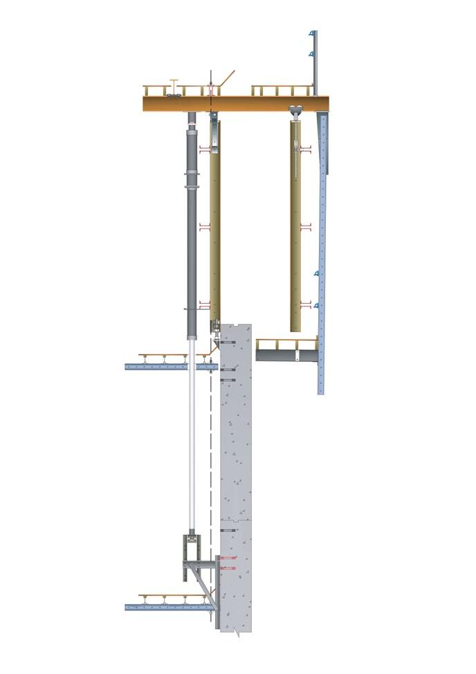 Overhead Steel Beams & top Working Perimeter Safety Guardrail System (Safety Screen optional) Hinged Hatches for concrete placement Retracted External Wallform Panels to facilitate reinforcement