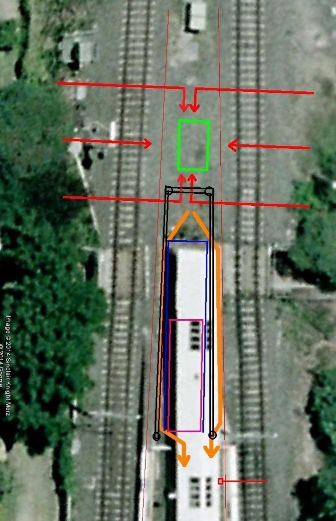--- Possible subway paths for level access from Hampden Rd and Wilkes Ave. --- Approx. lift location ---- Relocated overhead power wire support column.