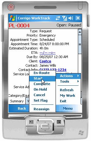 Figure 8: When a tech Starts a work order by changing its status through the mobile device (left) The dispatcher can view the status on the dispatch board in