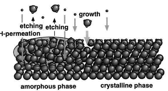 The atomic Hydrogen impinging on the surface etch away the weak silicon bonds and reduce SiH3 flux density depicted in