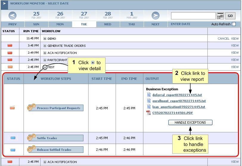 View Workflow Status and Detail When you select a processing date, the system displays all workflow jobs scheduled for that day.