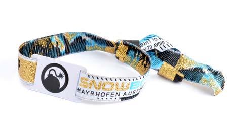 RFID FABRIC WRISTBAND MATERIAL OPTIONS Size: 350mm x 16mm / 20mm Lead time: 4 weeks* Min Quantity: 500 16mm / 20mm width material Serialisation (ink stamp or woven) Glitter & neon threads (woven