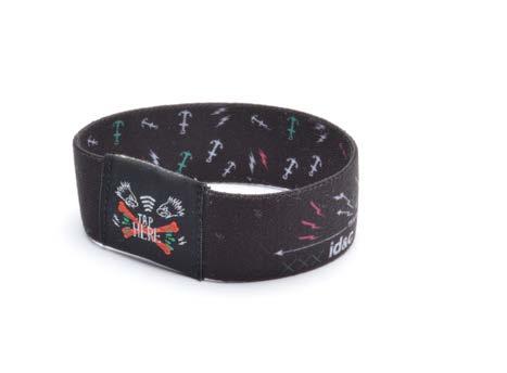 RFID X-BAND CLOSER LOOK Size: 200mm x 25mm Lead time: 4-6 weeks* Min Quantity: 500 Full colour print (both sides) Custom woven RFID pouch & on reverse Type: Enclosed RFID disc Dimensions: 33 x 26mm