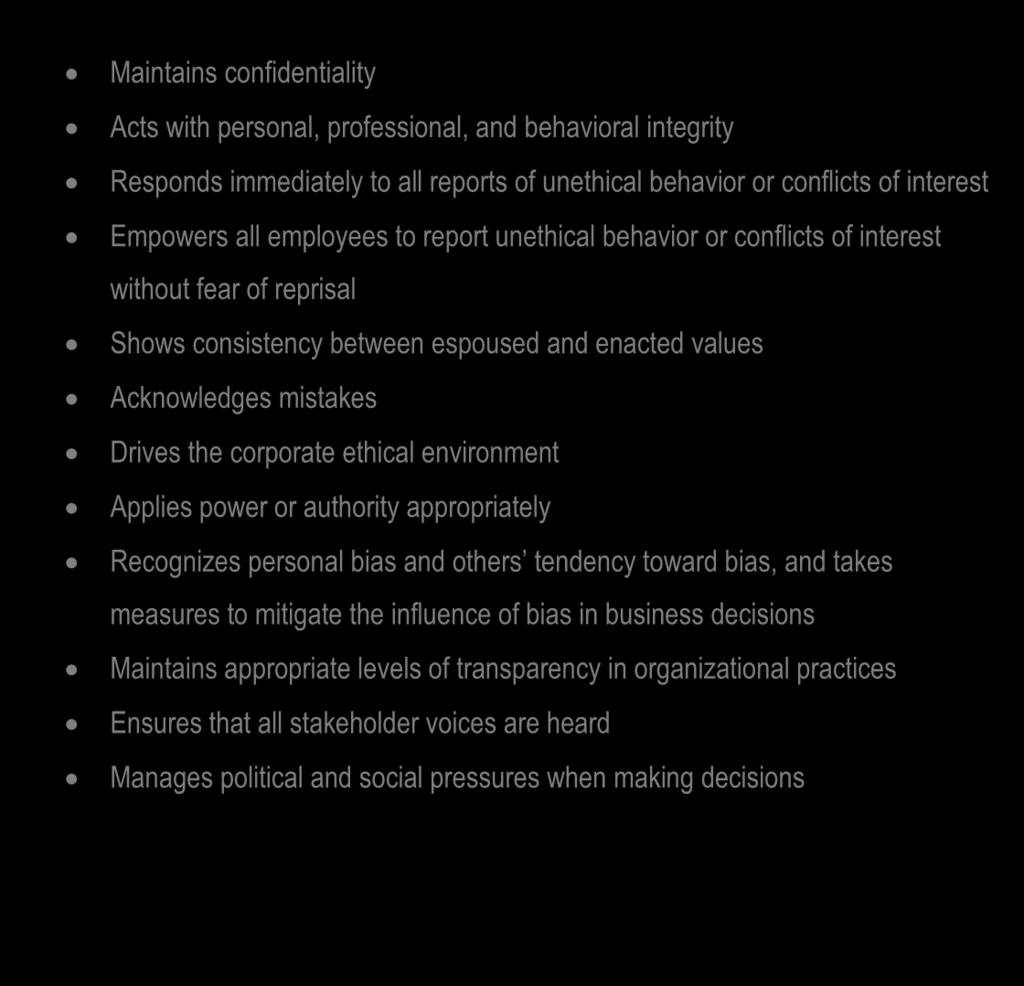behavioral integrity Responds immediately to all reports of unethical behavior or conflicts of interest Empowers all employees to report unethical behavior or conflicts of interest without fear of