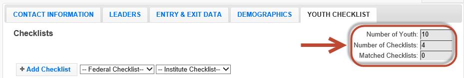 If the start and end dates are entered on the Entry & Exit Data Tab, the dates will pre-populate when the checklist is added. d. Enter the value of the responses to the Federal Question Set for entry and exit.