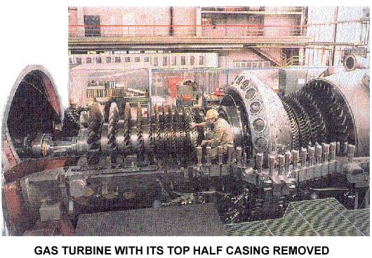 Gas Turbine with half case The photo shows what such a gas turbine looks like when its top half casing has been removed for inspection or maintenance.