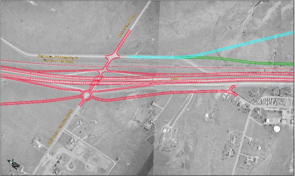 Alternative 3: Diamond Interchange with Realigned South Frontage Road and Roundabout Eastbound Ramp Terminal Intersection. This alternative is similar to Alternative 1 with one major difference.