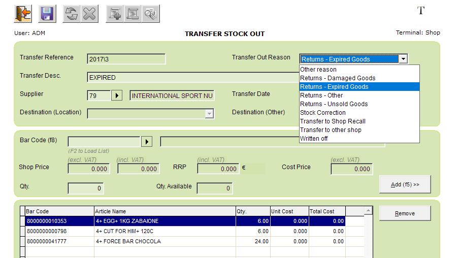 2.4 Returning Stock to a Supplier In case you need to return stock back to the supplier, follow these steps. STEP 1 From the Stock menu select the Transfer out Batch (Returns or Movement).