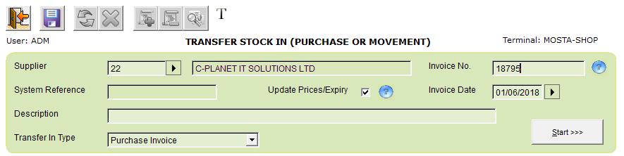 2.0 Purchase Invoices 2.1 Inputting a Purchase Invoice STEP 1: Open the Transfer in Batch Screen From the Stock menu select the Transfer in Batch (Purchase or Movement).