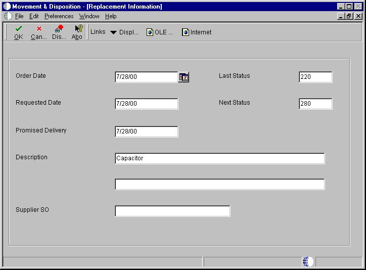 5. On Replacement Information, change information for the new purchase order detail line, as necessary, and click OK.