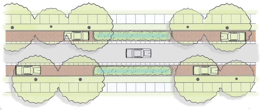 no wider than the existing parking zone width Conventional landscapes Mid-block stormwater curb extension Pervious paving in parking zone Concrete band