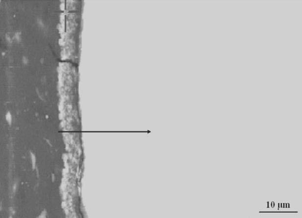 Distance(μ m) Fig. 3. (a) SEM image and (b) EDAX line scan results of As Al brass after exposure in the NaCl solution.