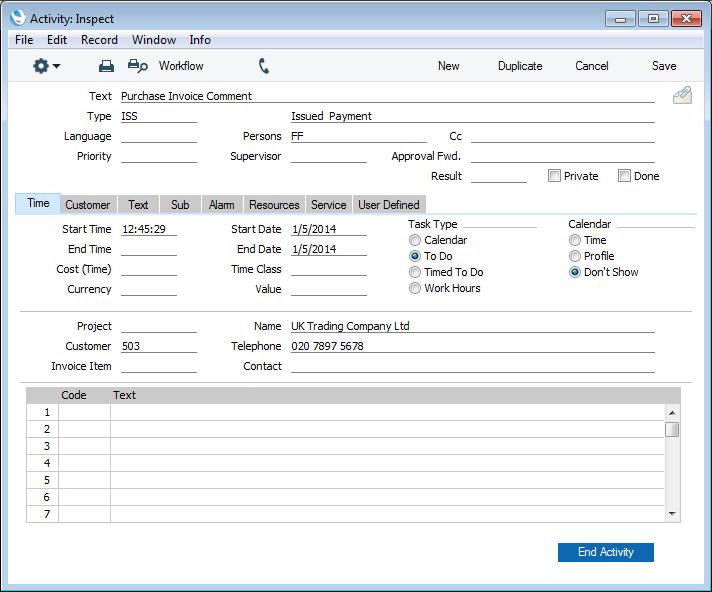 Purchase Ledger - Registers - Purchase Invoices created by this function will be taken from the Activity Types, Subsystems setting in the CRM module.