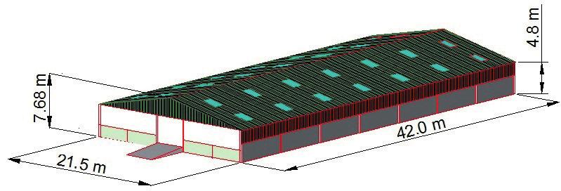Example; A straw bedded cattle court is 42.00 m long x 21.50 m wide and measures 4.80 m to the eaves. A 15 roof pitch gives a ridge height of 7.68 m.