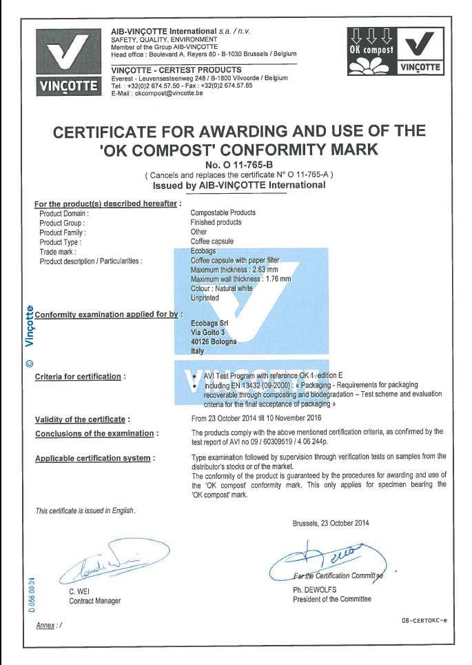 Compostability certificates Our compostable products have been awarded the OK OK- compost conformity mark by