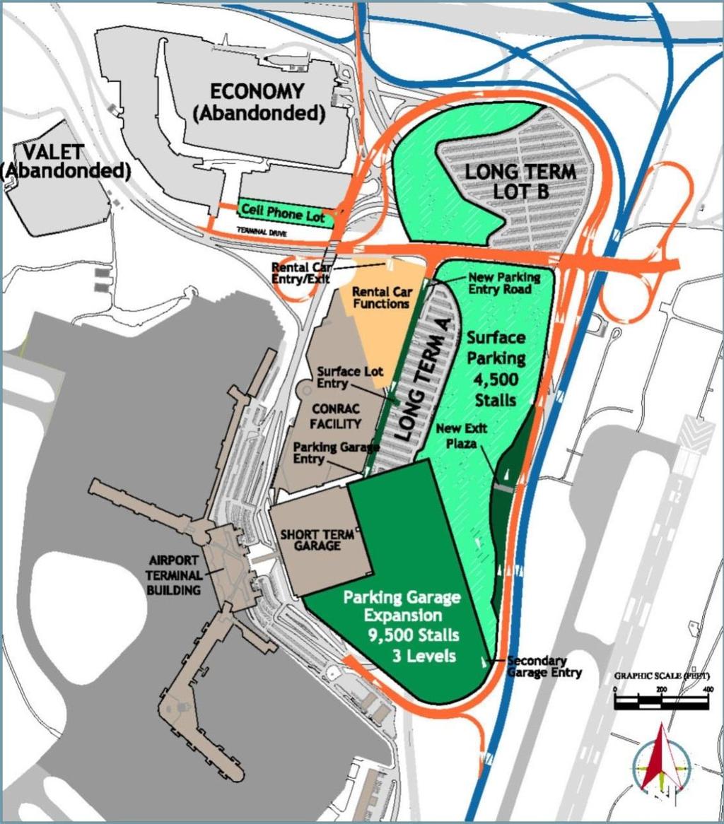 Airport Development Concepts Parking Concept 2 All new parking inside of Airport ring road Assumes Donelson Pike realignment Total net gain: 8,400