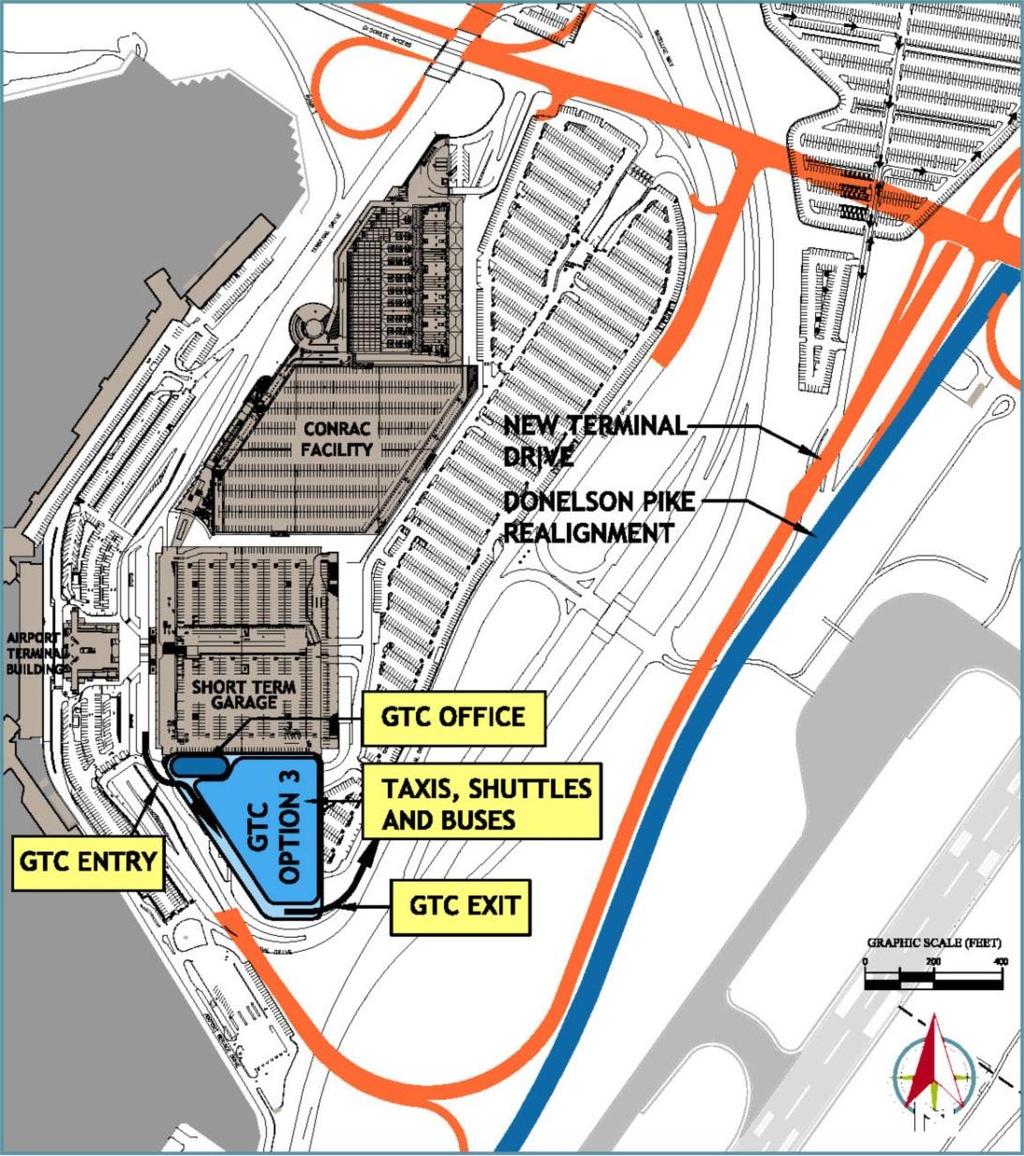 Airport Development Concepts Ground Transport. Center Concept 3 Adjacent to parking garage GTC area is 4.0 acres with a net gain of 1.
