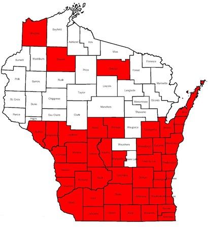Map of quarantined counties in Wisconsin as of August 31, 2016.