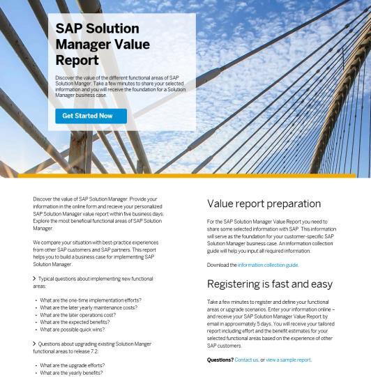 Introducing the SAP Solution Manager Value Report + Best Practice Experience from other SAP customers and SAP = Partners Your data provided via order form: SAP Solution Manager implementation status