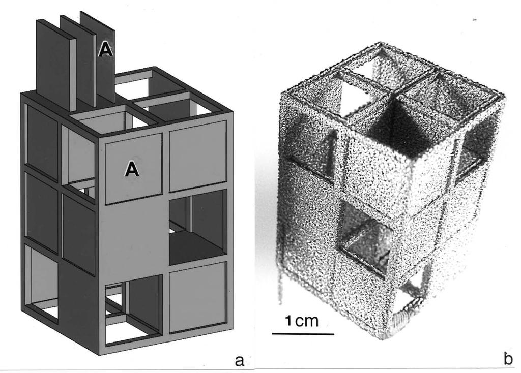 Figure 2. CAD model (a) and actual Ti-6Al-4V build prototype (b) for build window array concept.