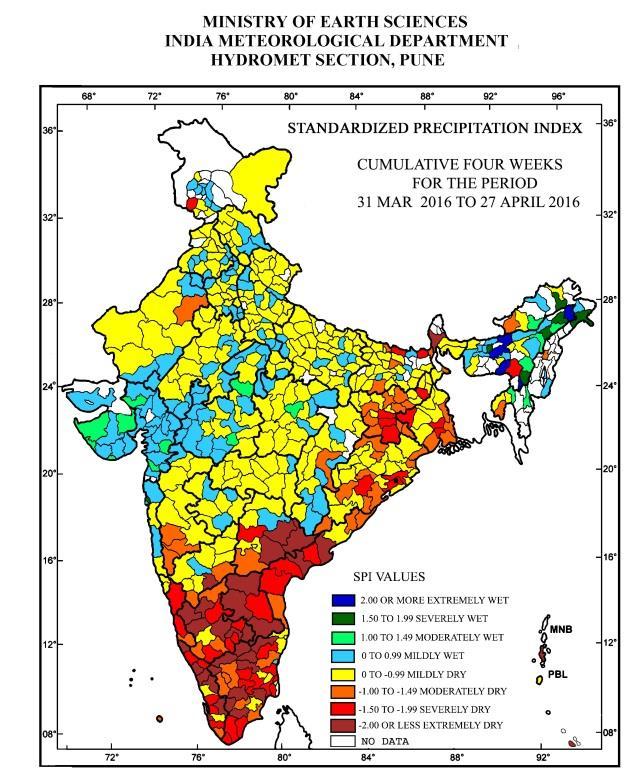 Standardised Precipitation Index Four Weekly for the Period 31 st March to 27 th April 2016 Extremely/severely wet conditions experienced in few districts of Arunachal Pradesh; Assam; East Khasi