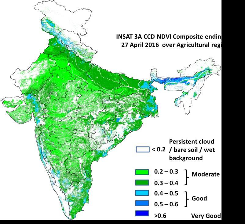 INSAT 3A CCD NDVI COMPOSITE ENDING ON 27 th April 2016 OVER AGRICULTURAL REGION OF INDIA Agricultural vigour is good over Gujarat, patches in East Bihar, north Coastal Andhra Pradesh, West Bengal,