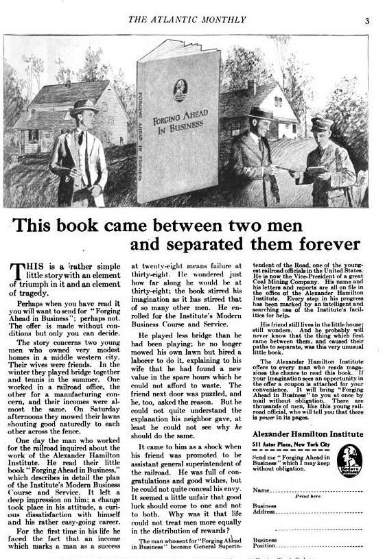 1922 ad Two Young Men in The Atlantic Monthly. Unlike the Civil War ad which uses two men. This ad uses Two Young Men just like the Conroy ad.