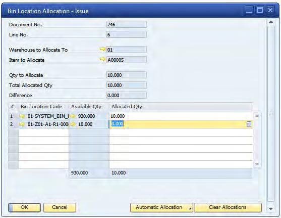 Bin Locations Allocations: All inventory processing supports bin locations Issue allocation per WH Setup automatic allocations for receiving and issuing goods Bin location receipt & issue allocation