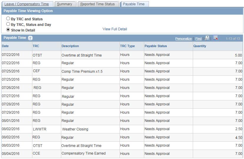 Comments can be viewed by the Time Reporter and his/her Time Approver or Timekeeper. Lastly, move to the Payable Time tab.