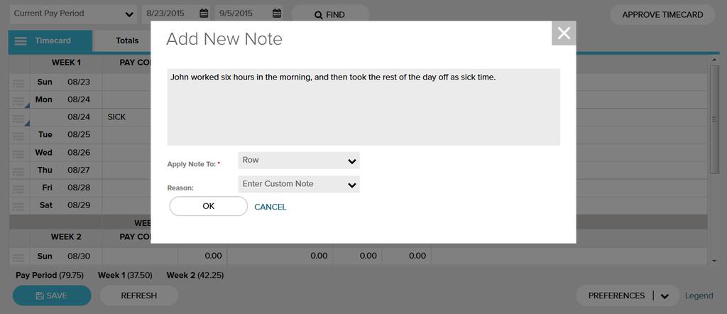 Click the row menu icon ( ) for the new row and select ADD NOTE.
