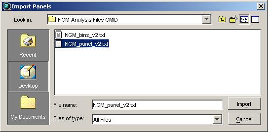 Chapter 4 Data Analysis c. Navigate to, then open the NGM Analysis Files GMID folder that you unzipped in step 1 on page 49. 5. Select NGM_panel_v2, then click Import.