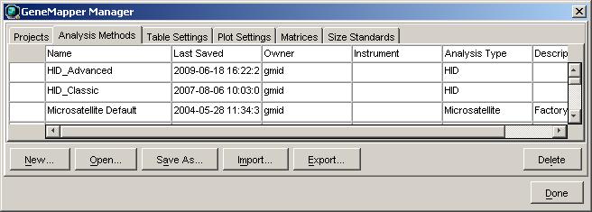 GeneMapper ID Software 2. Select the Analysis Methods tab, then click New to open the New Analysis Method dialog box. 3.