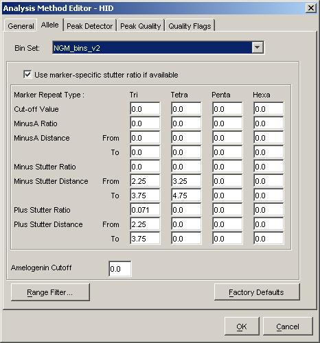 GeneMapper ID Software Allele tab settings GeneMapper ID Software In the Bin Set field, select the NGM_bins_v2 bin set imported previously and configure the stutter distance parameters as shown.