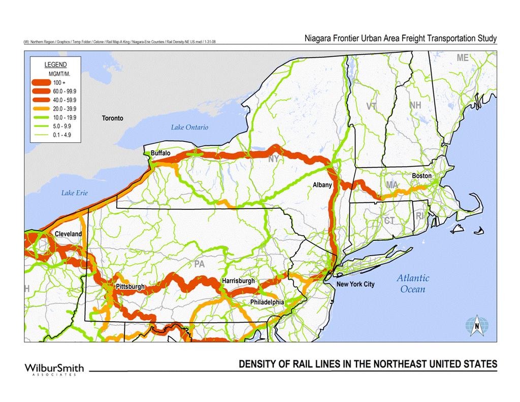 Freight Flows Figure 3-18: Northeast Rail Densities The two rail lines with the next highest densities are the NS Buffalo Conneaut Line, which links Buffalo to Erie, PA and on to Cleveland, OH, and