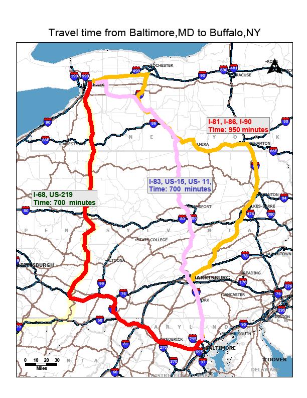 Modal Assessment Figure 6-7: Travel Time between Buffalo and Baltimore, MD by Alternate Corridors New York Route 63 Corridor: In many cases, the best route between the Greater Toronto Area or the