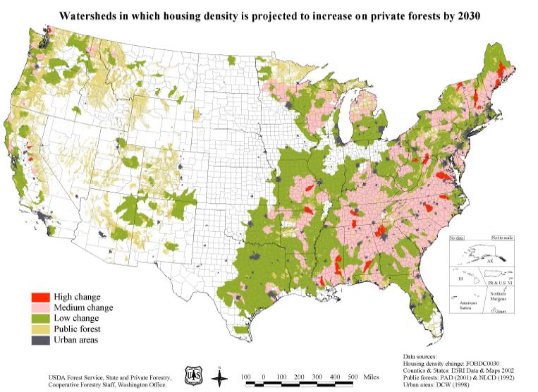 PRIVATE FORESTS ON THE EDGE Projected development in private forests by 2030 Forest Service researchers project that forests will continue to see rapid development over the coming decades.