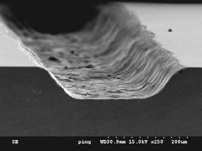 6 [8]. Fig. 2 Image of top side machined hole. Fig. 4 SEM photograph of the micro channel. Fig. 3 Wear of the electrode tool.