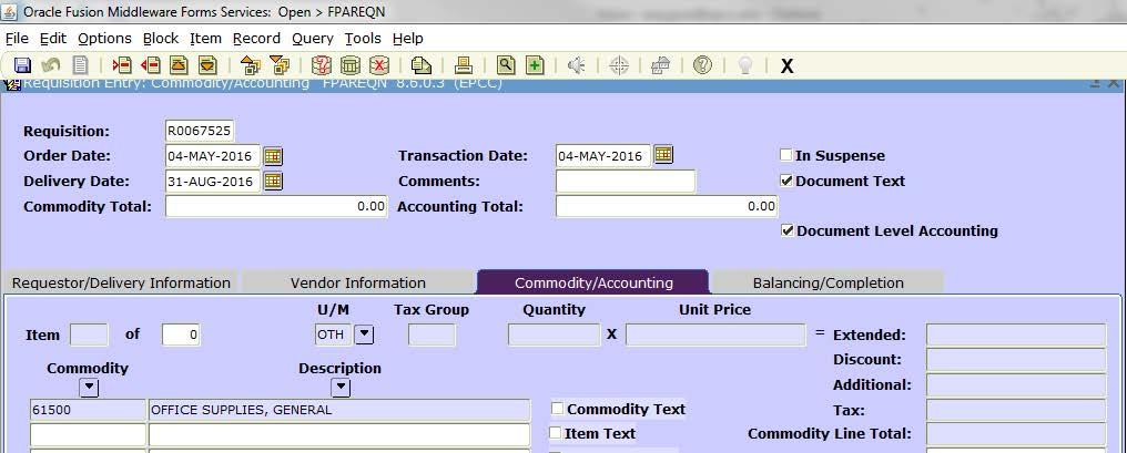 COMMODITY/ACCOUNTING SCREEN Entering Item Description The selected commodity code will appear under the