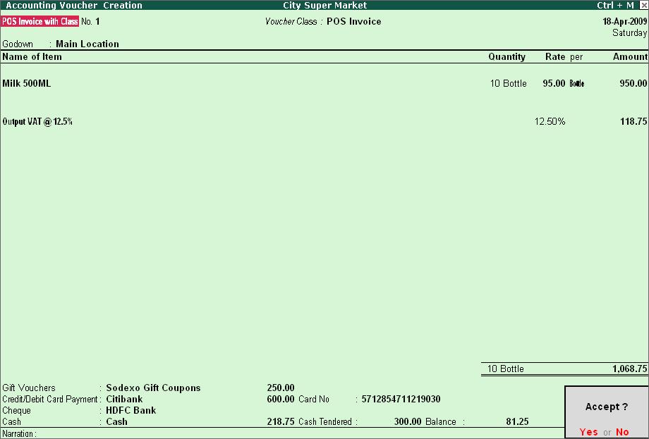 Figure 10.11 POS Invoice with Voucher Class 8. Press Y or Enter to accept the screen. Tally.
